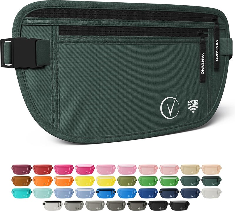 Vantamo حزام نقود مع RFID للرجال والنساء، حامل جواز سفر مخفي للسفر، حقيبة خصر للسفر بجيبين للنساء مضادة للسرقة - Image 1